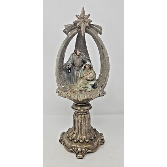 Vintage Holy Family Nativity on Pedestal 10.75" Tall Glitter U191